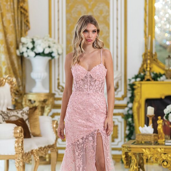 New Blush Floral Lace Embellished Sheath Sleeveless Gown w/ Leg Slit DQ 4501 - Picture 7 of 9